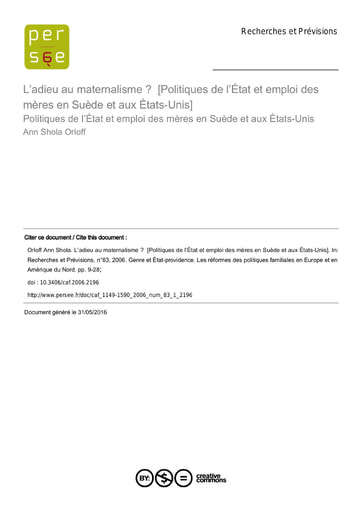 198 Orloff 2006 L’adieu au maternalisme  Politiq État  Suède  États Unis