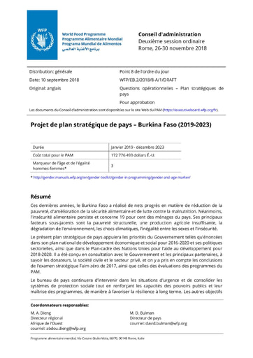 385 Programme Alimentaire Mondiale 2018 Projet plan stratégiq  pays BF 2019 2023