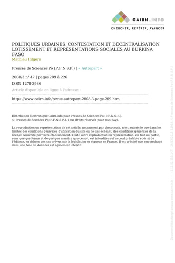 329 Hilgers 2008 Politiq urbaines contestation décentralisation Lotissement BF