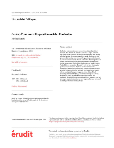 425 Autès 1995 Genèse nouvelle question sociale  l’exclusion