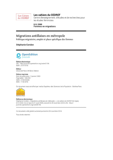 224 Condo 2000 Migrations antillaises métropole spécifique  femmes