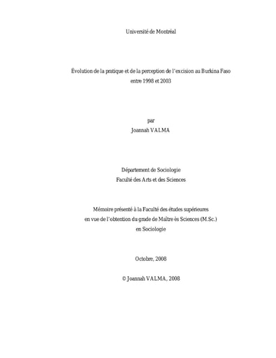 216 Valma 2008 Évolution de la pratique  perception l’excision BF 1998 et 2003