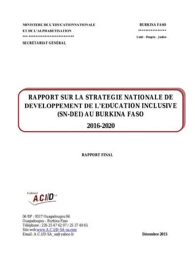 607 Min Educa 2015 Rapport  Stratégie Nationale Dévelop Educa Inclusive BF