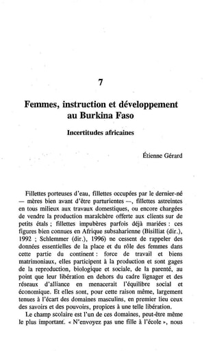 62 Gérard 1998 Femmes, instruction  BF Scolarisation sous conditions