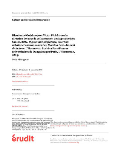 246 Ouédraogo Piché 2007 Dynamiq  migratoire insertion urbaine BF Au delà houe