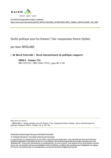 208 Revillard 2008 Quelle politiq pour femmes  comparaison France Québec
