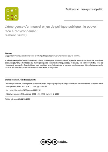 389 Sainteny 1998 L'émergence  nouvel enjeu politiq  pouvoir face à l'environ