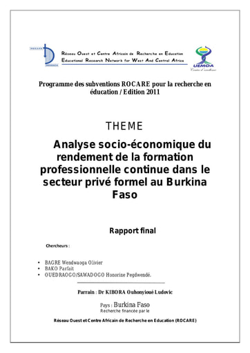 83 ROCARE 2011 Analyse socio écono rendement BF