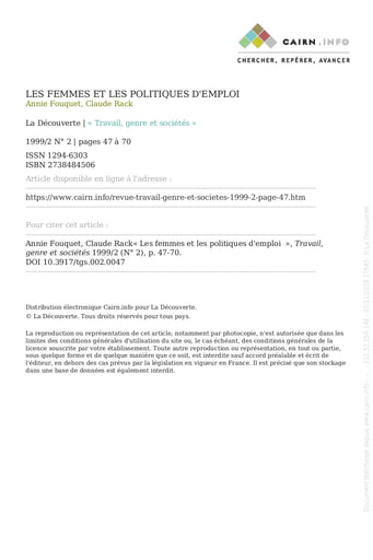 158 Fouquet Rack 1999 Les femmes et  politiques d'emploi