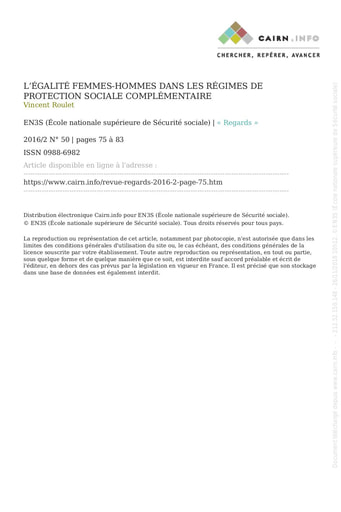 210 Roulet 2016 L’égalité femmes hommes  régimes  protection sociale