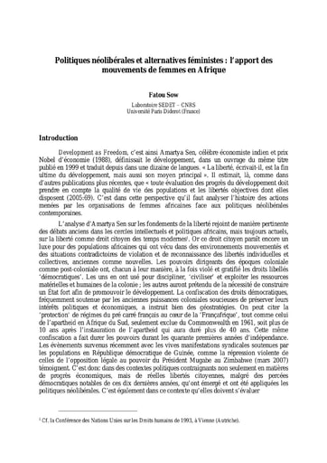 213 Sow 2007 Politiq  néolibérales alternatives féministes apport Afrique