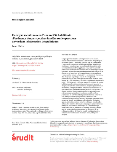 328 Hicks 2013 L’analyse social  société habilitante