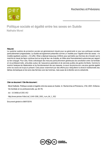 190 Morel 2001 Politiq sociale et égalité  entre  sexes en Suède