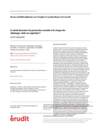 448 Lamarche  2015 Le droit humain  protection sociale et le risque du chômage