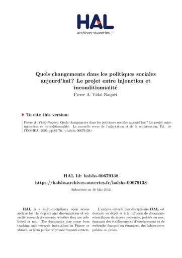 398 Vidal Naquet 2009 Quels changements  politiq sociales injonction incond