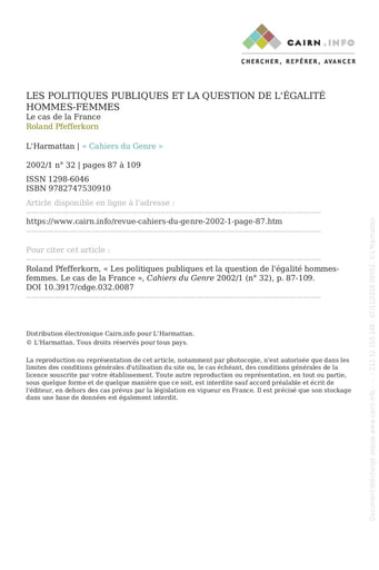 205 Pfefferkorn 2002 Les politiq publiq égalité hommes femmes cas de la France