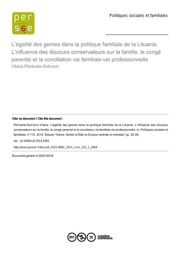 206 Pilinkaite Sotirovic 2014 L’égalité des genres politiq  familiale Lituanie