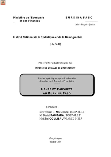 83 INSD 1997 Enquête Prioritaire 1994 Genre pauvreté  Burkina Faso