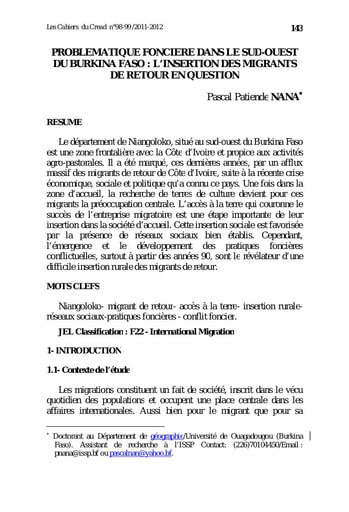 241 Nana 2012 Problématiq foncière dans le sud ouest BF insertion migrants de retour