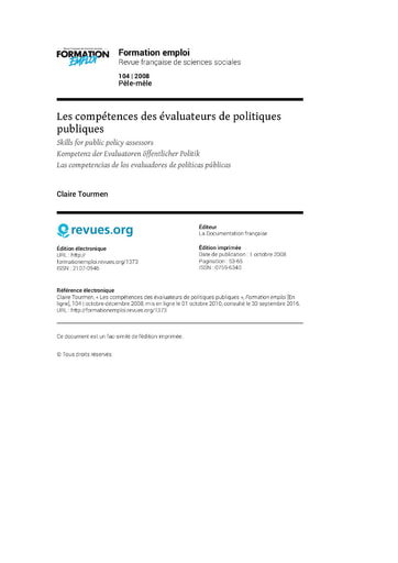 395 Tourmen 2008 Les compétences  évaluateurs politiqu publiq