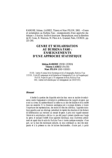 174 Kaboré et al 2003 Genre scolarisation BF  approche statistique