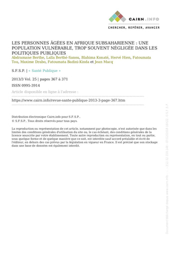 406 Berthé et al 2013 Les personnes âgées  Afriq subs  souvent  négligée