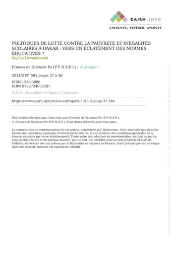 72 Lewandowski 2011 Politiques  lutte contre pauvreté  Dakar