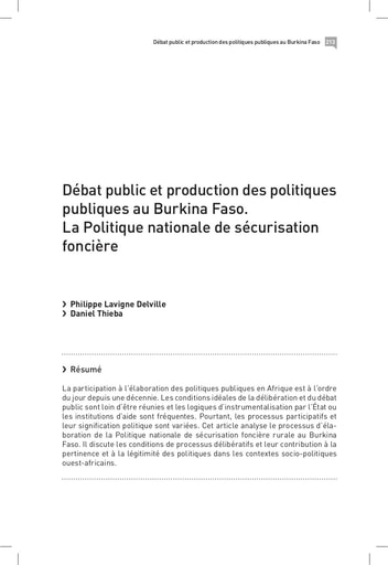 351 Lavigne Thieba Débat publi  production  politi publi BF  sécurisation Foncière