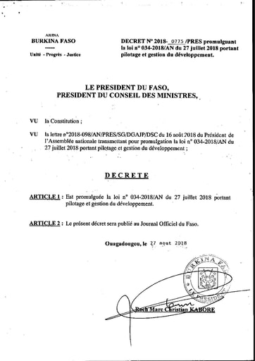 747 Décret n° 2018 0775 PRES Promulguant