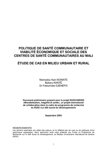 496 Konaté et al 2003 Politiq de santé communautaire et viabilité écono