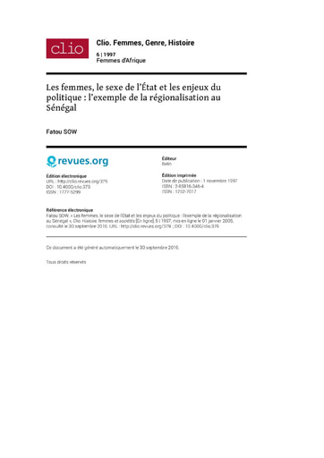 212 Sow 2005 Les femmes le sexe État exemple  régionalisation Sénégal