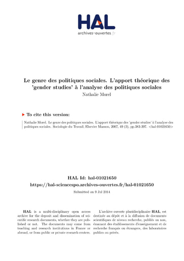 191 Morel 2007 Le genre politiq sociales apport théorique