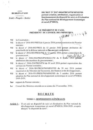 749 Décret n°2017 0004PRESPM MINEFID portant création attributions PNDES