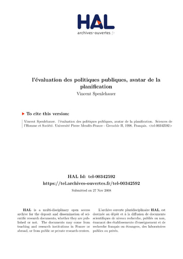 394 Spenlehauer 1998 L’évaluation  politiq  publiq avatar  planification