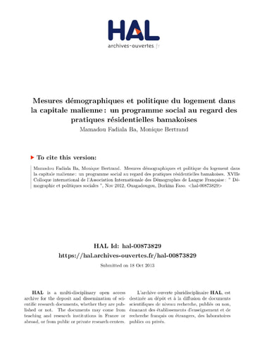 405 Ba Bertrand 2012 Mesures démogr politiq logement bamakoises