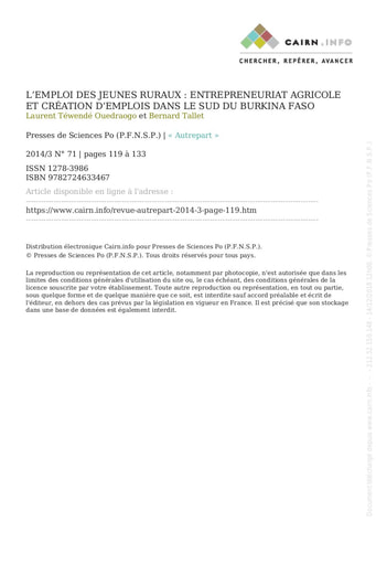 132 Ouédraogo Tallet 2014 L’emploi jeunes ruraux  entrepr  agricole  sud BF