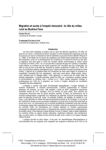 252 Piché Zourkaléini 2006 Migration accès l’emploi rémunéré  milieu rural BF