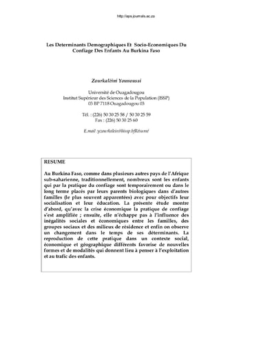 423 Zourkaléini 2007 Les déterminants démogra socio économi confiage enfants BF