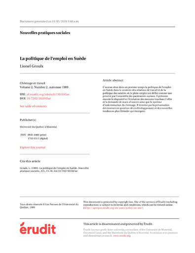 108 Groulx 1989 La politique emploi en Suède