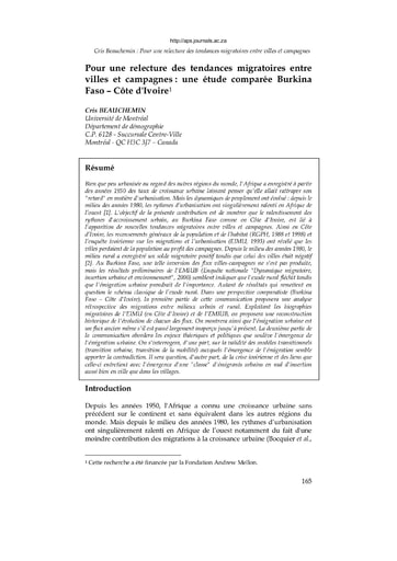 220 Beauchemin 2005 relecture  tendances migratoir  étude comparée BF RCI