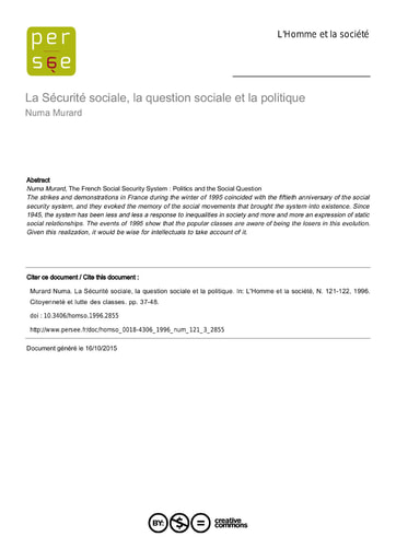 459 Murard 1996 La Sécurité sociale question sociale et la politiq